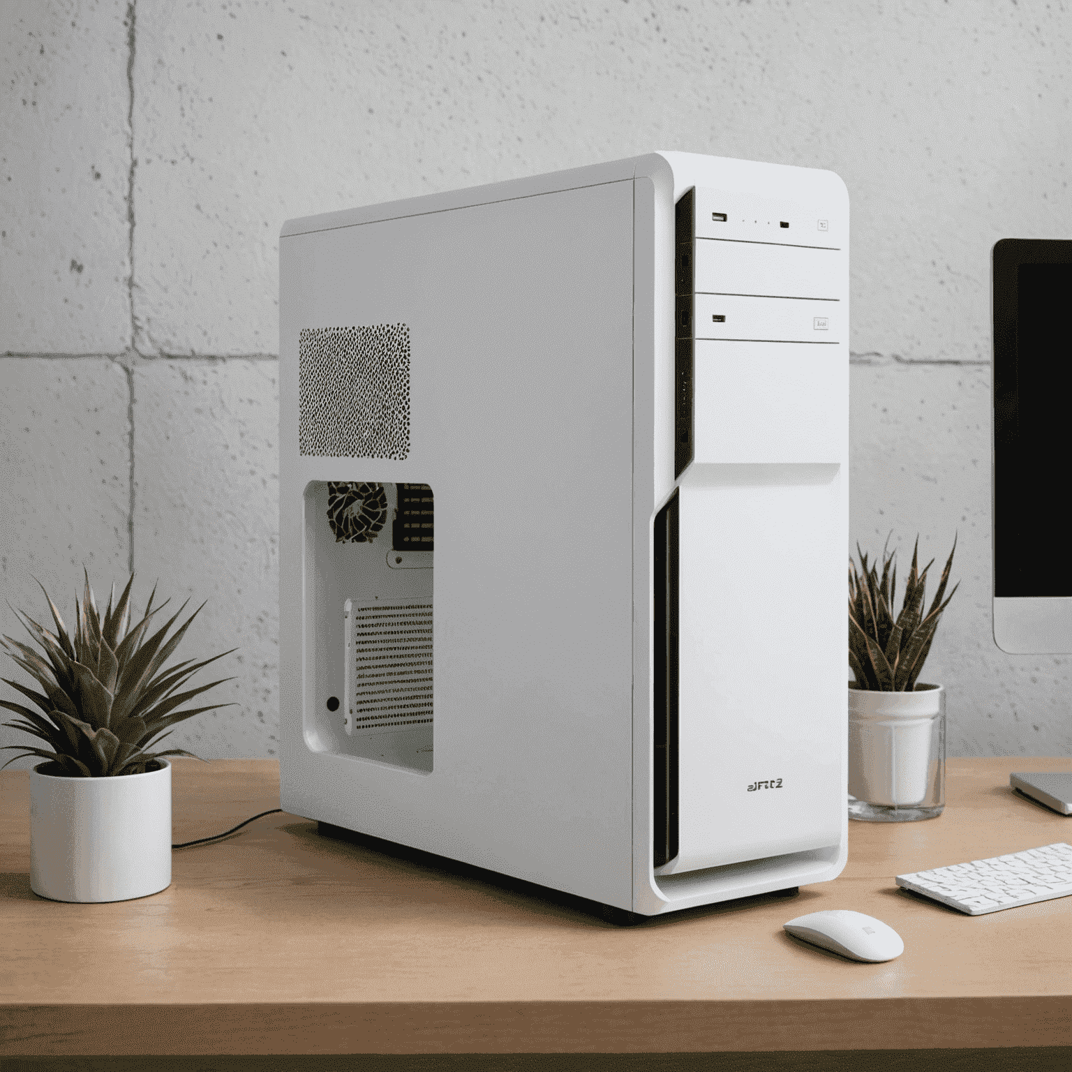 Una torre de PC compacta en blanco con un diseño minimalista, perfecta para aquellos con un presupuesto limitado