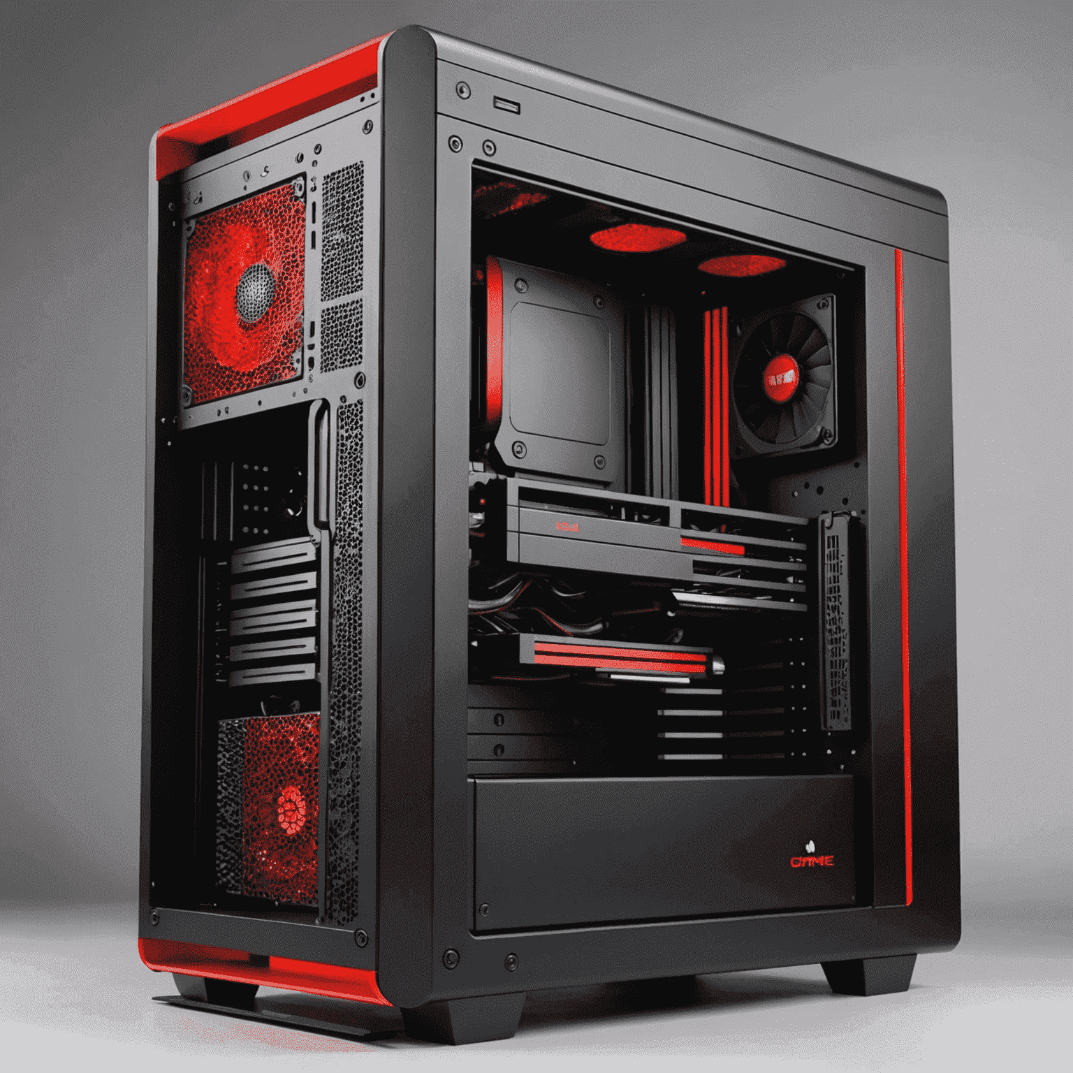 Una torre de PC en negro con acentos rojos, ofreciendo un rendimiento sólido a un precio económico